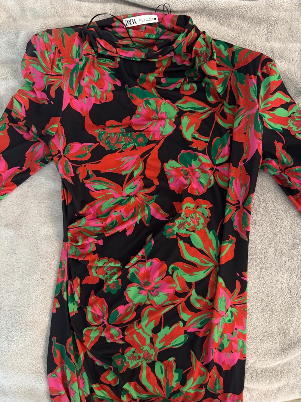 ZARA Black Long-Sleeve Mock Neck Top with Pink & Green Floral Print